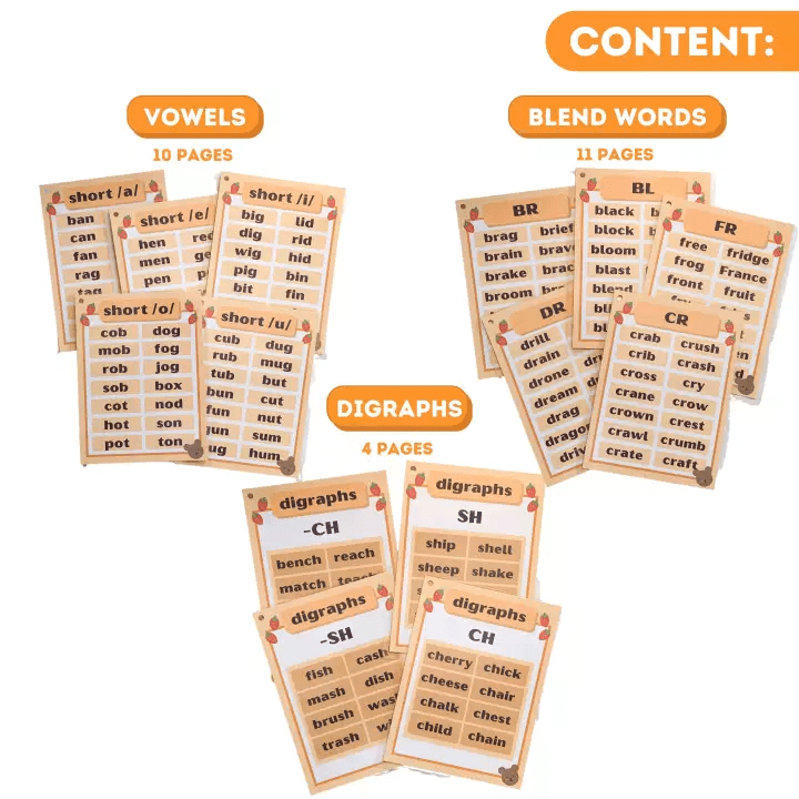 25pcs Big Vocabulary Word Flash Cards Preschool - Vowels, Blend Words, Digraphs, Matching Words - Image 3